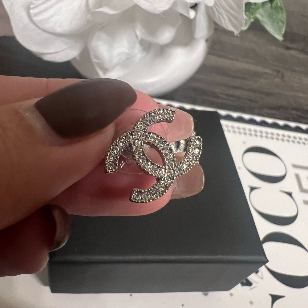 CHANEL Silver Crystal CC Stud Earrings - Picture 6 of 9